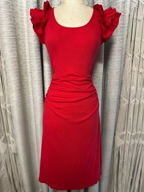 Boston Proper Red Ruffle Sleeve Ruched Midi Dress XS Stretch Bodycon